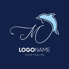 Lettering script M with Dolphin Silhouette Logo Design Vector Icon Graphic Emblem Illustration