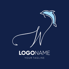 Lettering script W with Dolphin Silhouette Logo Design Vector Icon Graphic Emblem Illustration