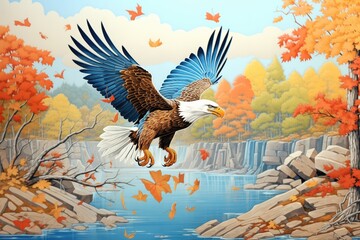 an eagle landing on a riverbank with its fish prey