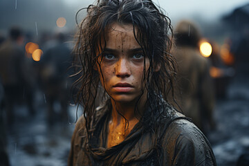 Portrait for wet woman in rain as survivor
