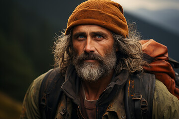 Obraz premium Stylish male backpacker at outdoor