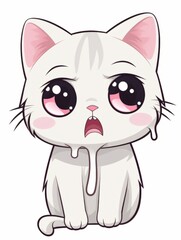 Cartoon sticker white hungry kitten on white background isolated, AI