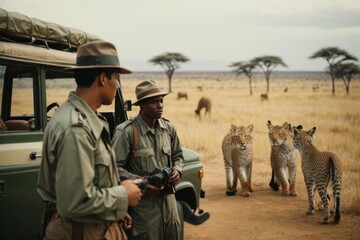 Nature Safari tour. Photographer, videographer with an African-American guide near leopards. Africa...