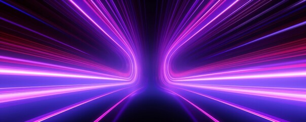 3d render, abstract panoramic neon background. Bright purple violet pink lines glowing in ultraviolet light, Generative AI