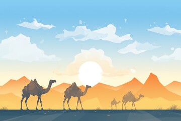 camels silhouetted against an arid, mountainous desert landscape
