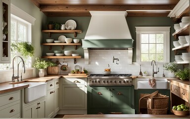 Charming country kitchen, featuring a farmhouse sink, open shelving, and a vintage-inspired range hood.






