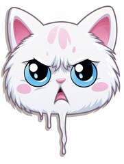 Cartoon sticker white hungry kitten on white background isolated, AI