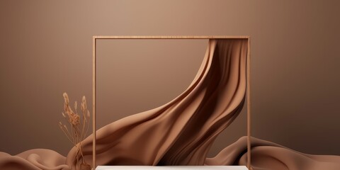 3D display podium, brown background with wood frame pedestal and flying  silk cloth curtain. Nature wind. Beauty, cosmetic product presentation stand, Generative AI