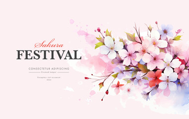 Cherry blossom invitation card design template. Watercolor cherry blossom invitation.