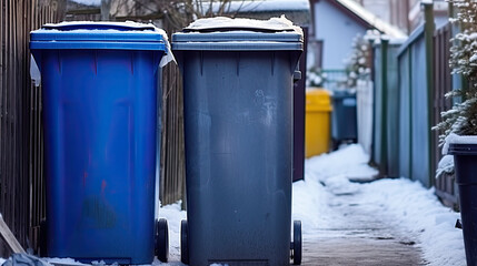 blue garbage bin in park, View of garbage containers in city on winter day - obrazy, fototapety, plakaty
