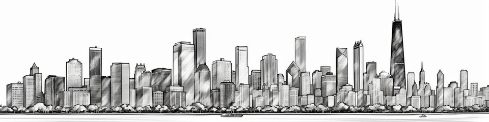 Hand drawn illustration. Panorama of the Chicago skyline. Detailed ink look and feel. Black and white, Generative AI