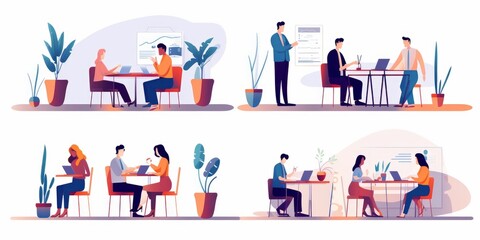 Corporate discussion illustration set. Colleagues meeting at table, discussing project at workplaces. Communication concept. illustration for topics like business, partnership, Generative AI
