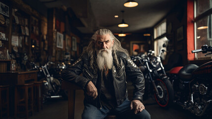 Fototapeta na wymiar ritratto di motociclista in officina vintage