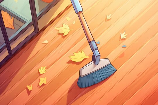 close-up of a broom sweeping hardwood floor
