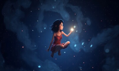 Obraz na płótnie Canvas 3d illustration of an asian girl sitting in the air in deep space with stars. Young cartoon woman floating in the air. Girl in the dark extends hand to the shining star. Deep dream, Generative AI