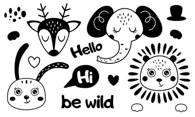 Black and white animal heads clipart in cartoon flat style. Cute animal faces clipart. Animals doodle. Vector illustration	