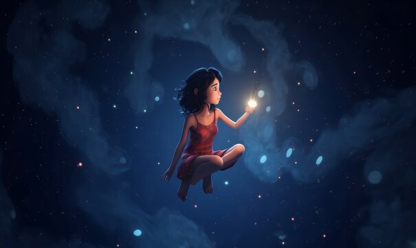 3d illustration of an asian girl sitting in the air in deep space with stars. Young cartoon woman floating in the air. Girl in the dark extends hand to the shining star. Deep dream, Generative AI