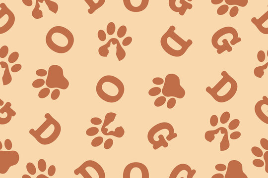 Seamless pattern. Background of the word dog and paw print. Vector illustration on a white background.