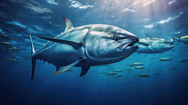 A captivating image capturing a school of tunas gracefully gliding through the ocean. for seafood industry, and oceanic conservation concepts.Underwater wild world with tuna fish