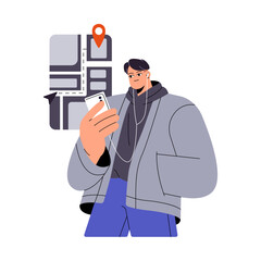 Young man search route to destination. Direction, location on digital city map in smartphone. Guy with headphone navigate. Modern technology, GPS. Flat isolated vector illustration on white background