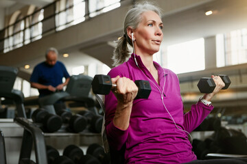 Fototapeta premium Dumbbell, fitness and senior woman at a gym for training, wellness and cardio with earphones, music or mindset. Weightlifting, bodybuilding and elderly female person at sports center for arm workout