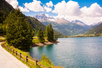 Mountain lake in Swiss alps in summer