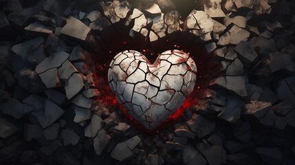 Broken heart smashed into a cracked stone surface with a shiny red embers aura - obrazy, fototapety, plakaty