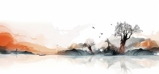 Abstract background ink line decoration painting landscape artistic conception, Generative AI