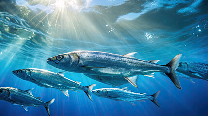 Fototapeta premium A large group of Sardines fish swimming in the ocean. Suitable for underwater or marine-themed designs, educational materials, wildlife conservation awareness, and nature documentaries.Underwater fis