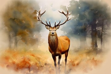 Watercolor painting of Portrait of majestic red deer stag in Autumn Fall, Generative AI