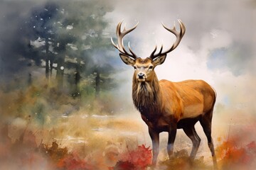 Watercolor painting of Portrait of majestic red deer stag in Autumn Fall, Generative AI