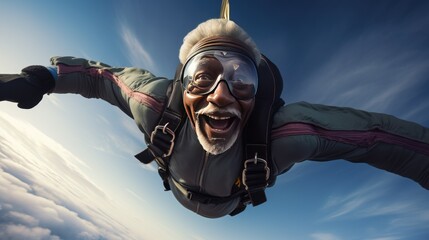 Senior man is parachuting, jumping with a parachute