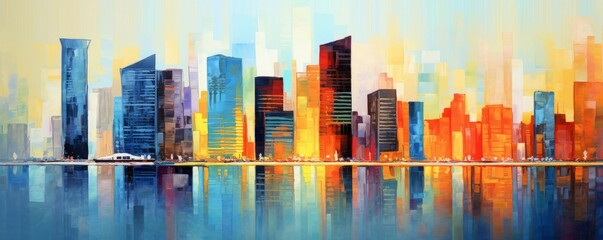 Artistic painting of skyscrapers.Abstract style. Cityscape panorama, Generative AI