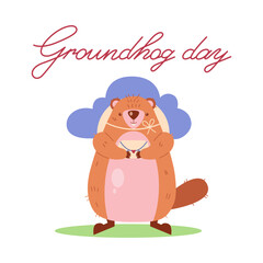 Groundhog Day. A groundhog with an envelope in his hands welcomes spring against the backdrop of clouds and sun
