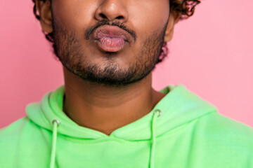 Closeup cropped portrait of handsome arabian man his unshaven stubble he pouted lips blow air hot...