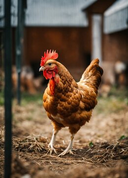 photo of a chicken in the middle of the picture looking into the camera, blurred background of a large stable