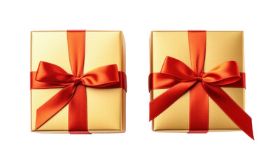 Set of gold festive gift box as a bonus compliment with red ribbon isolated on transparent background
