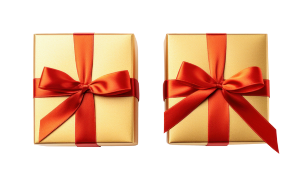 Set of gold festive gift box as a bonus compliment with red ribbon isolated on transparent background