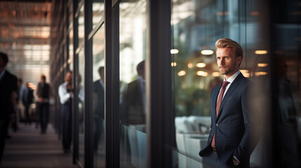 The Head of Revenue Operations overseeing operations from an office balcony, Head of Revenue Operations, blurred background, with copy space