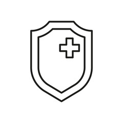 Shield with medical cross for protect health from virus and bacteria, line icon. Immune safe. Vector sign