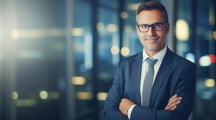 Fototapeta premium A commanding Head of Revenue Operations in a high-rise office setting, Head of Revenue Operations, blurred background, with copy space