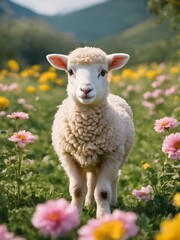 A portrait of a lamb in a field of flowers