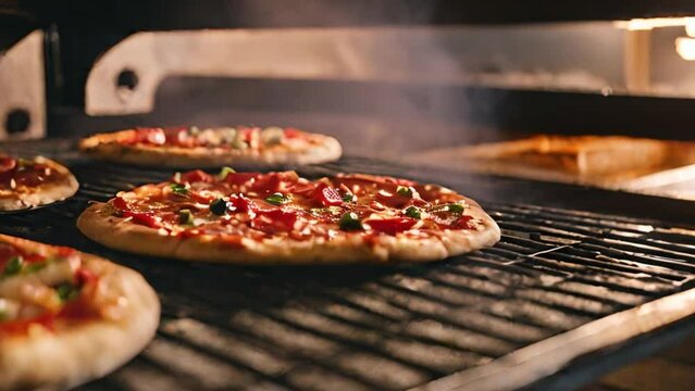 Slow motion footage of the pizzas in the oven, Food