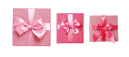 Set of festive pink gift box as a bonus compliment with ribbon isolated on transparent background