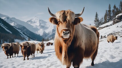 portrait of yak yak in the himalayan mountains,artary ox, grunting ox, or hairy cattle, is a species of long-haired domesticated cattle 