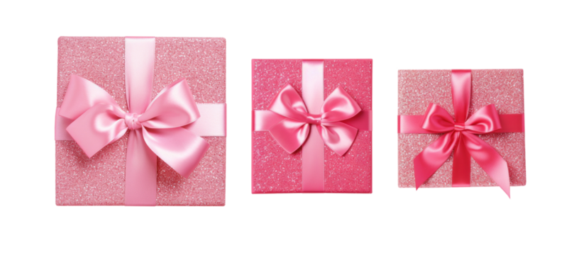Set of festive pink gift box as a bonus compliment with ribbon isolated on transparent background