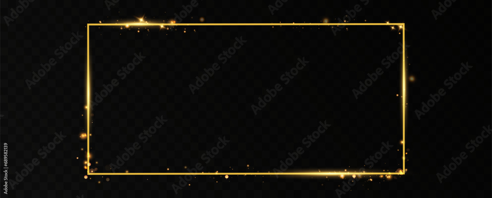 Poster golden frame with lights effects. shining rectangle banner. isolated on transparent background. vect