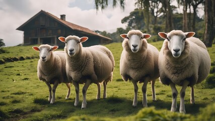 Naklejka na ściany i meble sheep and lambs in the farm field , cute lamps , farm house , rural area 