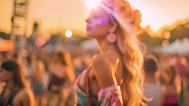 Girl dancing and having fun on outdoor festival bohemian. Colorful summer sunlight on music festival. People party dancing recreation holiday. fun people music. boho religion concept freedom