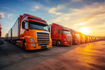 Orange and red trucks lined up at sunset